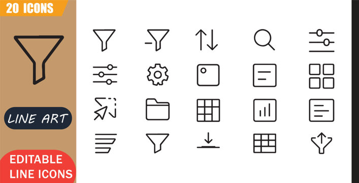 Isolated filter sort icons set, 20 editable line art icons set, search option settings selection organize data interface control, filter interface tools, minimal clean outline vector
