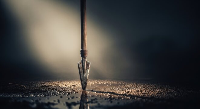 Close up of a spearhead with a blurred dark background and a reflective surface