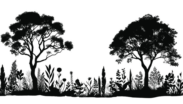 Trees and wild meadow plants create a horizontal landscape silhouette that offers an expansive natural scene ideal for background texturing and wide format graphic design applications in various.