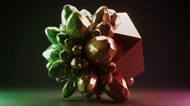 Exquisite faceted crystalline cluster featuring iridescent green and crimson hues with geometric facets and spherical inclusions, emanating a vibrant cosmic glow on a subtly textured surface