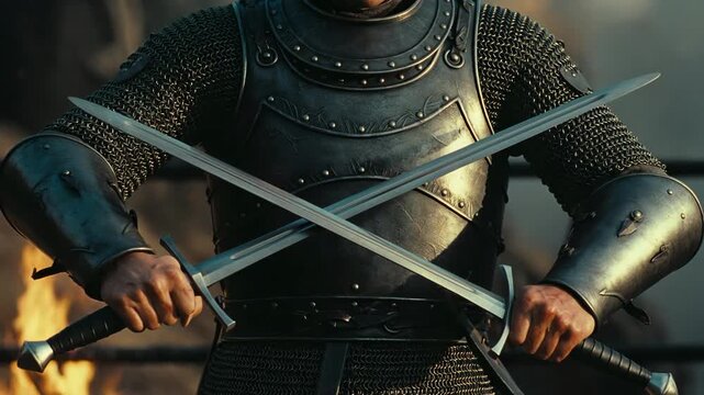 Medieval armored fighter gripping crossed swords in realistic style on fiery background, concept of strength and intense combat