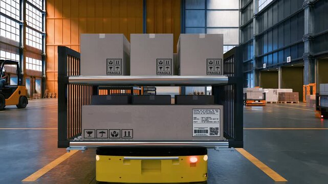 Automated warehouse inside. Futuristic warehouse shelves. Interior of Futuristic Warehouse 3D Concept. Smart logistics. Autonomous mobile robots transport product
