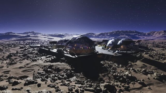 Perimeter sensor array scanning rocky horizon, clusters of domes under dim violet sky, surveillance lights and antennae monitoring landscape, tense protective