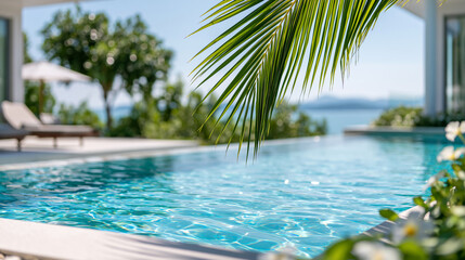 Obraz premium Close-up of a relaxing oceanfront villa pool with tropical views and sunlight on water, villa relaxation concept, tropical pool view photography, ocean-facing luxury resort,