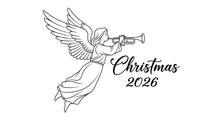Naklejka premium Christmas 2026 Angel Illustration with Trumpet Line Art