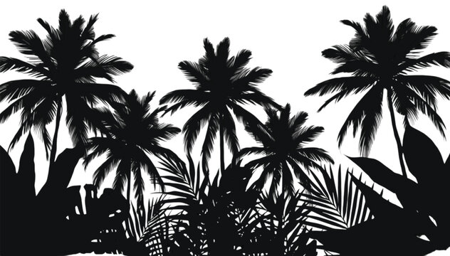 Palm trees grouped in a dense cluster create a detailed black silhouette against a plain white background which offers a versatile layout for professional graphic design projects and creative.