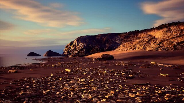 Peaceful waterfront with glowing reflections and rugged cliffs. Isolation cove during dusk showcasing shimmering wet sands surrounded by rocky escarpments