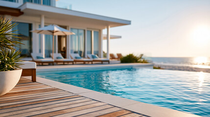 Fototapeta premium Close-up of a modern house with pool at the beach at sunset, luxury beachfront property concept, coastal villa photography, ocean and pool at dusk, defocused background, with copy