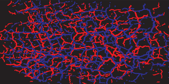 Abstract glowing red and blue crack line background on dark backdrop.
