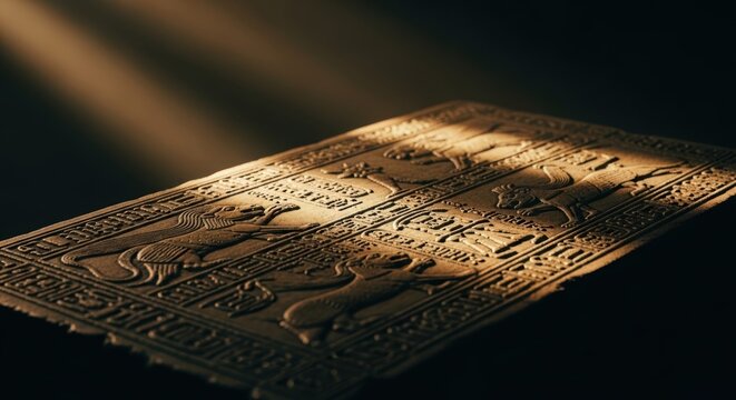 Ancient tablet with hieroglyphs illuminated by dramatic light