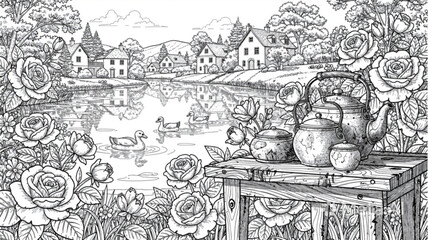Fototapeta premium Vintage Tea Set on a Table Surrounded by Roses by a Lake.