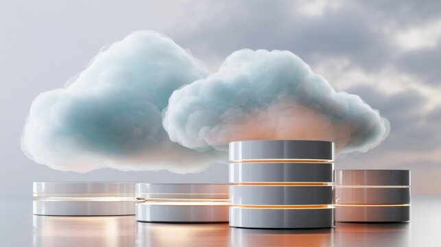 Two clouds hovering above database cylinders, golden sunrise reflections on metallic stacks, glossy platform with calm warm atmosphere, visual metaphor for database administrator backup