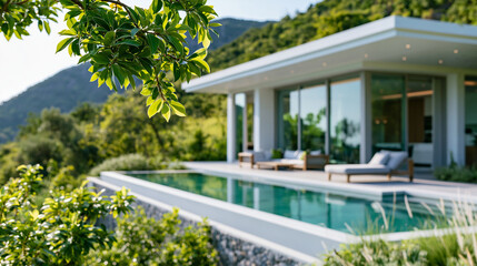 Fototapeta premium Close-up of a modern hillside villa with pool and patio surrounded by nature, hillside architecture concept, luxury property lifestyle photography, elevated pool villa, defocused