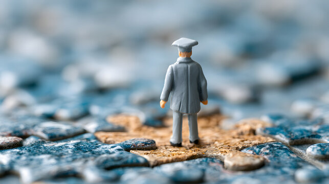 On a puzzle board, a small graduate figure stands to symbolize education planning, career choices, and searching for a personal fit within learning pathways.