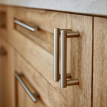 Modern kitchen cabinet handles made of brushed nickel on wooden doors