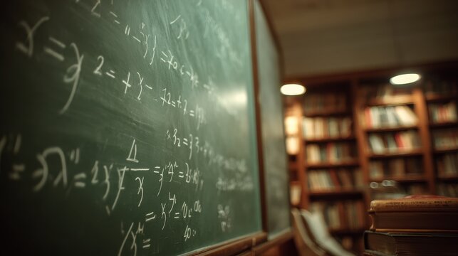 Math formulas written on a blackboard in a library