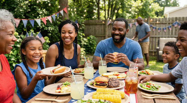 African American multi-generational family laughing at a backyard BBQ. Black people eating burgers and hot dogs on eco-friendly plates. 4th of July USA Independence Day celebration