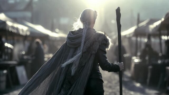 A cloaked figure holding a staff in a cinematic fantasy style on a sunlit market street, symbolizing adventure and mystery