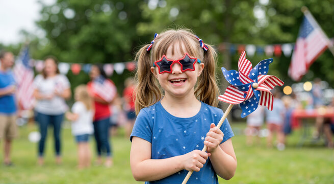 Joyful girl with Down syndrome wearing star shaped sunglasses. Smiling child holding an American flag pinwheel at an outdoor summer party. July 4th Independence Day celebration