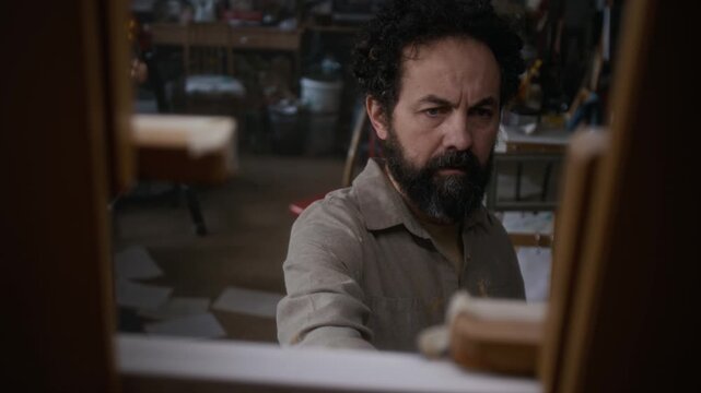 Pensive bearded artist standing in cluttered studio, painting on canvas with brush and observing his artwork thoughtfully while facing creative block during process