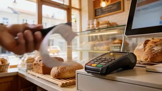 Moving right hand with watch holding phone to reader at bakery counter to pay, printing receipt