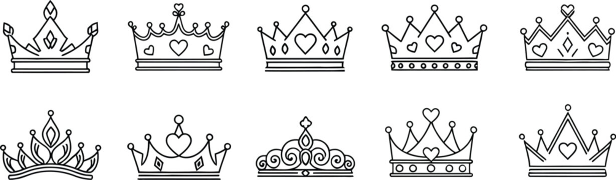 Princess crown outline icon set with heart and jewel decorative vector collection