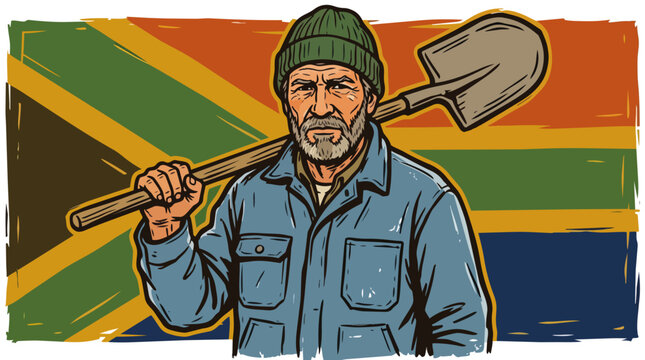 South African worker with shovel portrait. Vintage comic style vector illustration with national flag background