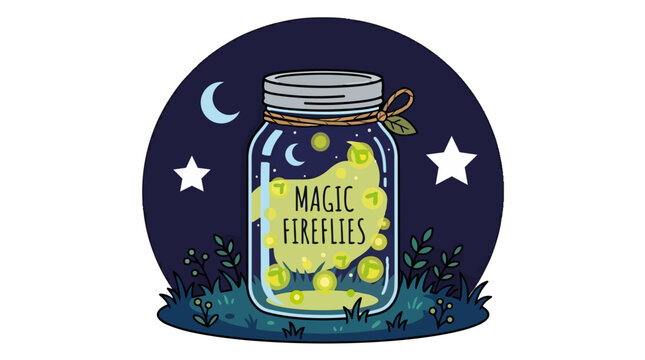 Magic fireflies in a glass jar at night. Summer nature vector illustration