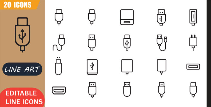 Isolated usb connector icons set, 20 editable line art icons set, cable device technology transfer charging port hardware digital, usb technology tools, minimal clean outline vector