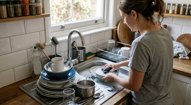 Woman washing stacked dirty dishes in soapy kitchen sink. Everyday household chore and messy cleanup routine. Using sponge to clean white bowl