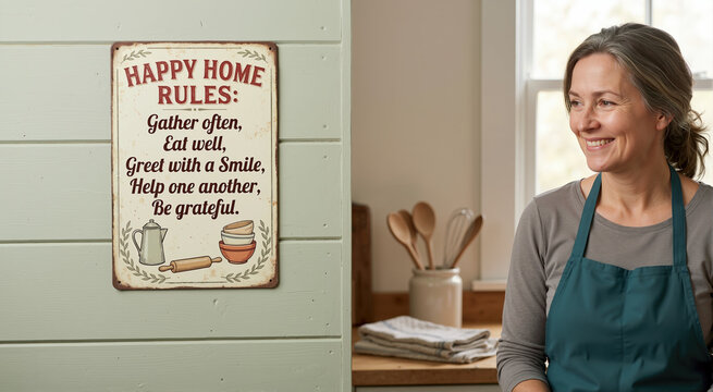Smiling woman in apron next to vintage decorative tin sign on wooden wall. Happy home rules quote and kitchen decor. Domestic lifestyle concept