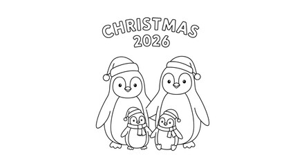 Fototapeta premium Christmas 2026 Penguin Family Coloring Page Line Art