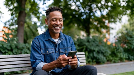 Obraz premium Smiling Man Sitting on Bench with Phone
