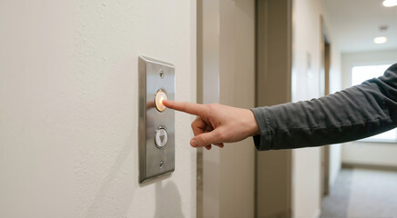 Naklejka premium Hand pressing illuminated up button on an elevator call panel. Person pushing metallic lift switch in a modern hallway. Ascending transportation concept