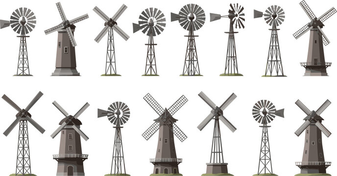 Vintage windmill and water pump vector set featuring traditional rustic farm towers and Dutch wind turbine designs isolated on white background for rural landscape and agriculture branding.