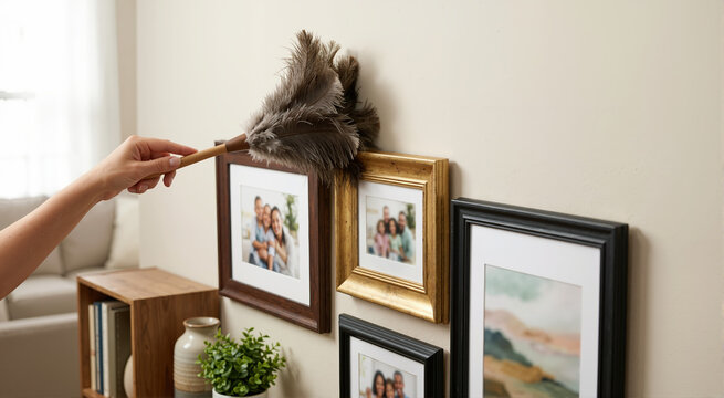 Hand using a feather duster to clean picture frames on a wall. Person dusting a gallery of family photos above a wooden shelf. Household chores and home maintenance concept