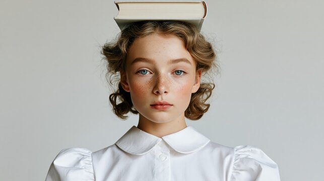 Vintage-Style Portrait of a Woman in a White Shirt with Blue Eyes, Holding a Book and Wearing a Headband