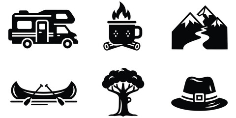 Outdoor recreation and nature themed flat design illustrations set including motorhome campfire mug mountains canoe tree and hat perfect for camping hiking travel and adventure projects. © Marjahan