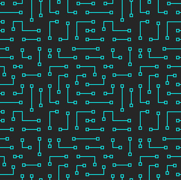 Modern technology blue circuit board seamless texture or pattern. Web background design. Futuristic blue circuit board on tech bg. Abstract backdrop template.