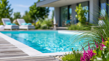 Fototapeta premium Close-up of a residential modern pool terrace with vibrant garden and blue sky in a banner format, home garden pool concept, backyard luxury photography, property lifestyle