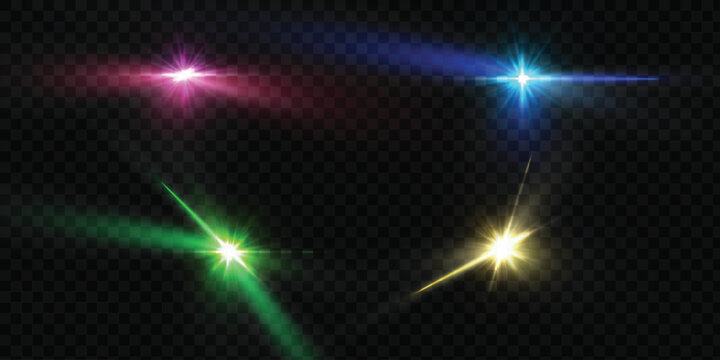 Colorful glowing starbursts with bright rays, prismatic shine, and sparkling highlights. A vector light effect for magical overlays, festive designs, and light accents.