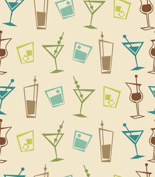 Retro style cocktails seamless pattern in atomic style. 50s Vector illustration