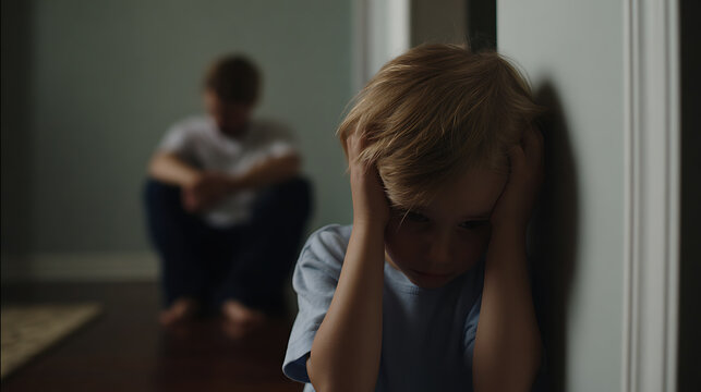 Young child in distress covers ears, while an adult sits dejectedly in background, depicting themes of conflict, fear, and family issues