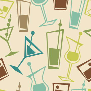 Seamless atomic age 50s pattern with party cocktails. Vintage 50s vector illustration.