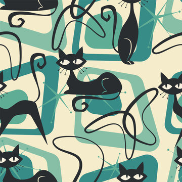1950s Mid Century Modern Atomic Black Cats and Starbursts pattern. Seamless vector background in fifties style