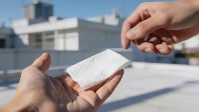 Offering two hands passing folded white wipe on rooftop for hand cleaning, dark sleeve