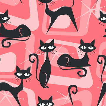 Cute retro atomic black cat with starbursts and white hearts on pink background use for wallpaper fabric and home decorate.