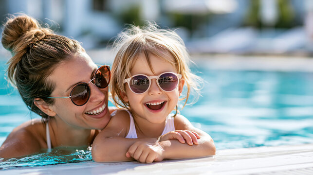 Close-up of a mother and child laughing and splashing together at the edge of an outdoor pool, family lifestyle concept, pool fun photography, summer holiday happiness, defocused