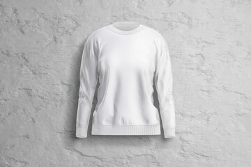 Blank white women sweatshirt mockup, grey textured background, 3d rendering. Empty female jumper for casual outfit mock up, front view. Clear cotton sweater or sweat-shirt for daily wearing template. © Alexandr Bognat