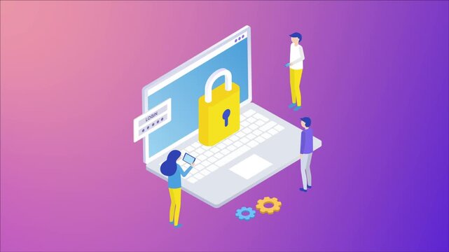 Data security technology. Protection of information on the Internet concept. Private data storage isometric gradient footage with people.